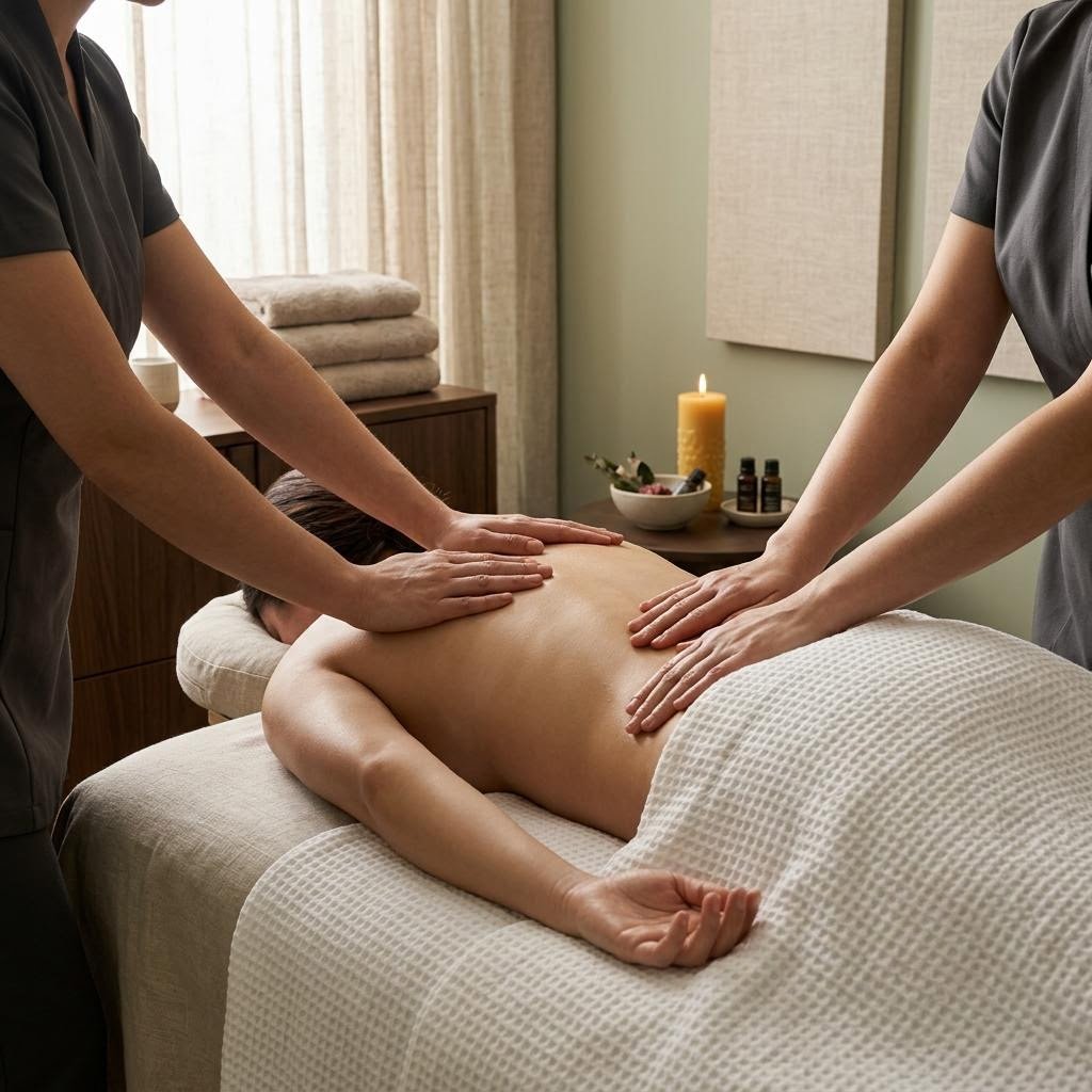 AI visual concept of a coordinated four hands massage setting